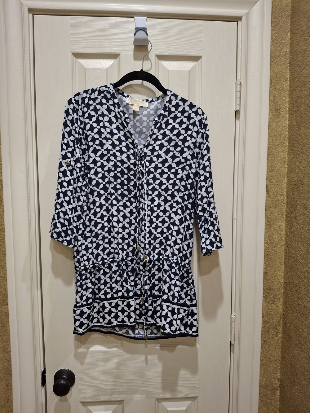 Michael Kors Navy and White Geometric Button-Front Tunic